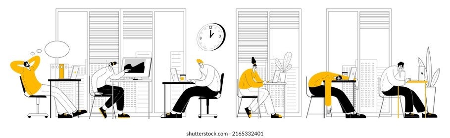 The characters are sitting at desks in an office among flowers and working at computers. Vector illustration in the style of outline on the topic of computer work and workspace.