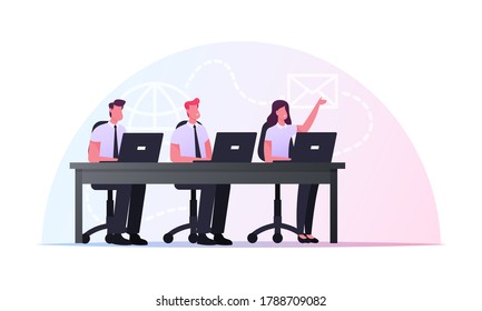 Characters Sitting at Office Desk with Laptops Take Part in Online Meeting or Briefing. Remote Communication, Internet Technologies, Network, Corporate Business. Cartoon People Vector Illustration