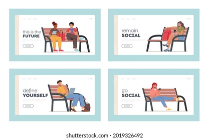 Characters Sitting on Bench with Gadgets Landing Page Template Set. Young Men and Women Communicating Online in Internet. Social Media Networking, Virtual Communication. Cartoon Vector Illustration.