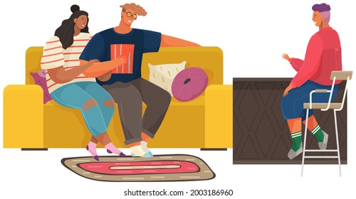 Characters sitting on sofa and giving interview to female journalist. Live report, press conference with guests of radio station. People communicate during podcast. Live communication at interview
