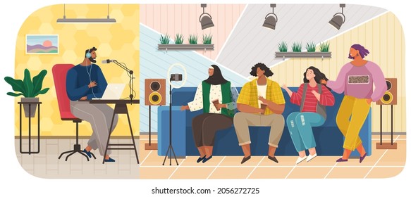 Characters sitting on sofa and giving interview to female journalist. Live report, press conference with guests of radio station. People communicate during podcast. Live communication at interview