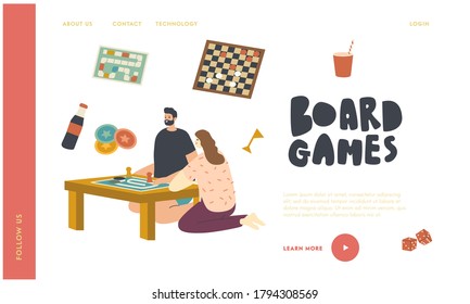Characters Sitting at Table Playing Board Game Landing Page Template. Couple Spare Time Recreation, Weekend Activity, Leisure and Happy Relax with Friend or Spouse. Linear People Vector Illustration