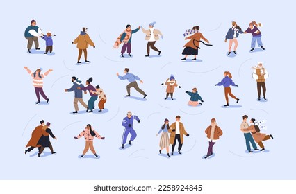 Characters skating on ice rink set. Active people skaters during winter holiday fun, leisure, sport activity. Happy diverse families, kids, love couples, friends sliding. Flat vector illustrations