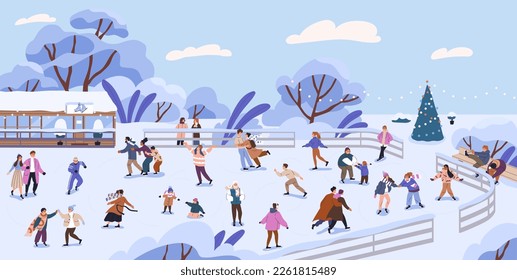 Characters skating on ice rink. People skaters at public park on winter holidays. Fun leisure activity, entertainment, amusement. Outdoor rest in frost, snow, cold weather. Flat vector illustration