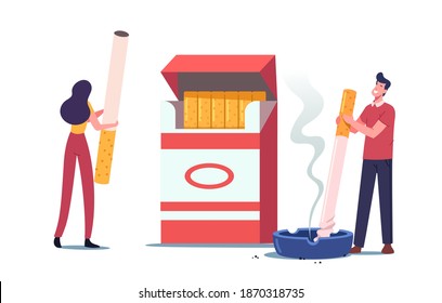 Characters Smoking Addiction and Bad Unhealthy Habit Concept. Tiny Man and Woman Smoke near n Huge Cigarette Box. Addicted People, Nicotine and Tobacco Social Problem. Cartoon Vector Illustration