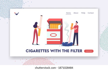 Characters Smoking Addiction and Bad Unhealthy Habit Landing Page Template. Tiny Man and Woman Smoke near Huge Cigarette Box. People Nicotine and Tobacco Social Problem. Cartoon Vector Illustration