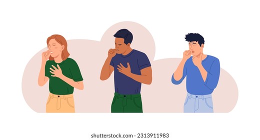 Characters Sneezing and Coughing. Prevention against Virus and Infection.Young Woman and Man Having a Cold. Flu and Sickness Concept. Doctors Treat Patient with Pills, Capsules. Influenza Treatment