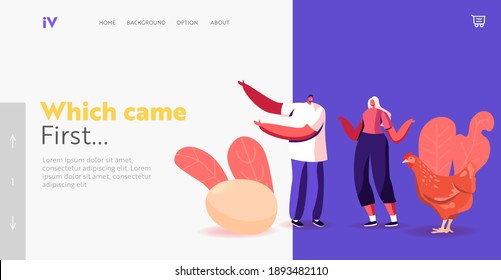 Characters Solve Hen or Egg Paradox Landing Page Template. Conundrum Which Came First Chicken or Egg. Causality Dilemma, Chicken-and-egg Metaphoric Riddle Concept. Cartoon People Vector Illustration