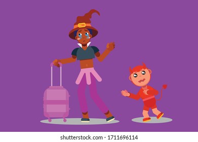 Characters of a sorrowful witch with little devil. Halloween theme. Simple character vector illustration, this illustration can use as a sticker also.
