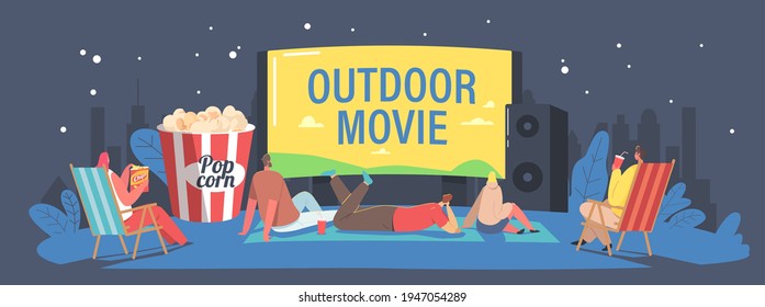 Characters Spend Night with Friends at Outdoor Movie Theater. People Watching Film on Big Screen with Sound System. Open Air Cinema at House Backyard or City Park Concept. Cartoon Vector Illustration