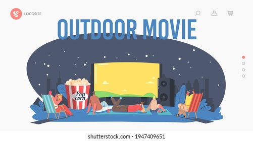 Characters Spend Night with Friends at Outdoor Movie Theater Landing Page Template. People Watching Film on Big Screen with Sound System. Open Air Cinema at House Backyard. Cartoon Vector Illustration