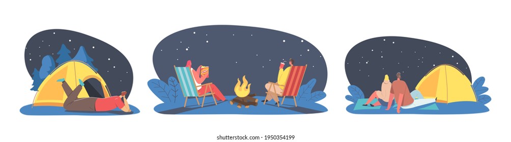 Characters Spend Night Outdoor in Camping, Active Sparetime Concept. People Spending Time Open Air in Tent at Campfire, Relaxing on Chaise Longue, Summertime Activity. Cartoon Vector Illustration