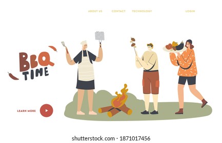 Los caracteres pasan tiempo al aire libre en la plantilla de la página de inicio de Bbq. Cocina familiar o de amigos, comida de verduras, champiñones, salchichas o carne en la zona de Front Yard o Park. Ilustración de vectores de personas lineales