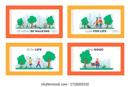 Caracteres Gastan tiempo en el conjunto de plantillas de la página de inicio de estacionamiento. Gente caminando con mascotas, Habitantes de la ciudad en actividades al aire libre, comiendo helado, haciendo ejercicio. Deporte al aire libre en verano. Ilustración de vectores lineales