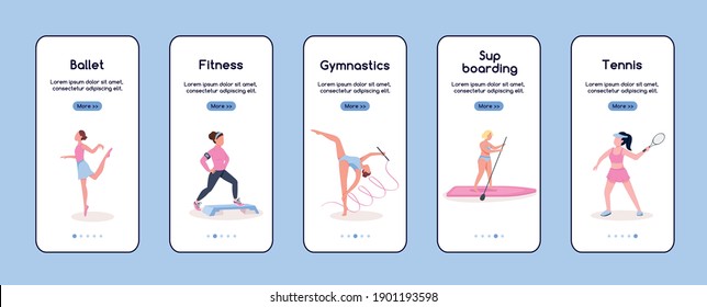 Characters in sport onboarding mobile app screen flat vector template. Women sports. Walkthrough website steps with characters. UX, UI, GUI smartphone cartoon interface, case prints set