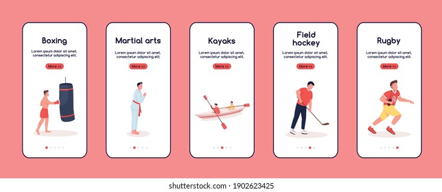 Characters in sport onboarding mobile app screen flat vector template. Favourite hobbies. Walkthrough website steps with characters. UX, UI, GUI smartphone cartoon interface, case prints set