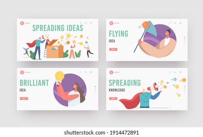 Caracteres Difundir conocimiento e ideas Landing Page Template Set. Hombre usa el vestido de superhéroe rojo con altavoz, mujer con lámpara, caja abierta con lámparas que vuelan. Ilustración de vectores de personas de caricatura