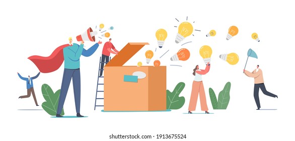 Characters Spread Knowledge and Ideas. Man Wear Red Superhero Cloak with Loudspeaker, Woman with Lightbulb, Open Box with Lamps Flying Out, People Catch Bulbs with Net. Cartoon Vector Illustration