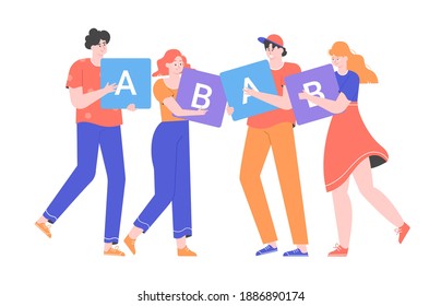 Characters stand with A, B signs in their hands. Choice of two options. Vector flat illustration.