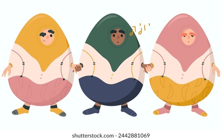 The characters stand in egg suits holding hands and singing. Egg costumes in yellow, green, blue, pink shades. Easter illustration in minimalist style.