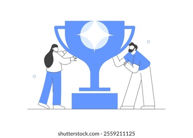 Characters standing near cup and celebrating victory. Happy people successfully achieve reward. Winners and prize. Business goal success. Flat Cartoon Vector Illustration, icon. Stylish abstract Blue 