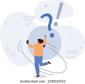 characters standing near exclamation and question mark.Frequently asked questions concept. Flat cartoon vector illustration.