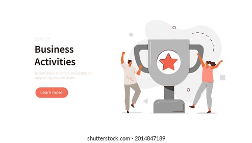 Characters standing near gold cup and celebrating victory. Happy people successfully achieve reward. Winners and prize. Business goal success concept. Flat cartoon vector illustration.
