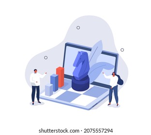 Characters standing near laptop with chess board on it and moving horse figure. Business competition, leadership and strategy planning concept. Vector illustration.