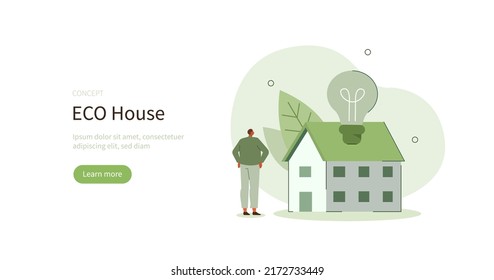 
Characters standing near private eco house. Renewable energy and saving electricity concept. Vector illustration.