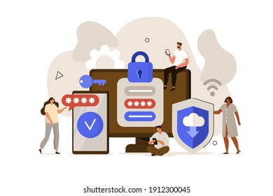 Characters Standing Near Smartphone With Sms Authentication Password And Laptop With Online Login Form On Screen. Two Steps Secure User Authorization Concept. Flat Isometric Vector Illustration. 