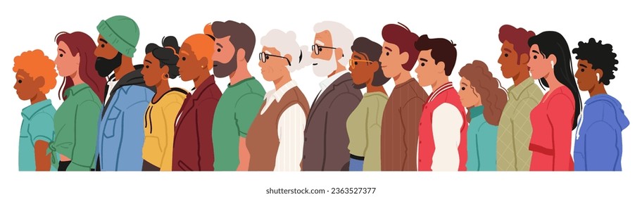 Characters Standing In Profile Face Sideways With Their Bodies And Faces Turned To One Side. This Position Showcases Their Silhouette And Side View. Cartoon People Standing in Row. Vector Illustration