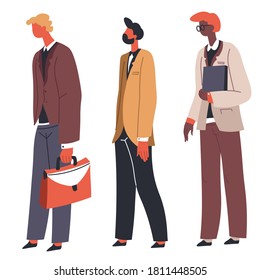 Characters standing in queue holding papers and briefcases. Line of personages waiting for interview in office. People lined up for transport, crowd of guys in formal clothes. Vector in flat style