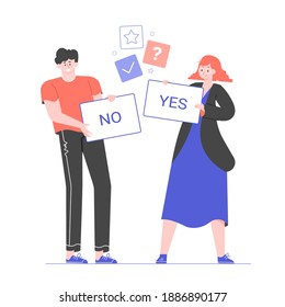 Characters are standing with signs. The girl holds a card with the inscription Yes. The man is holding No. Voting, polling, feedback and quality testing. Vector flat illustration.