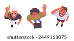 Characters staring up top view. Male people looking upwards, men view from above amazed something in sky flat vector illustration set. Cartoon guys look up