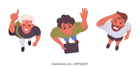 Characters staring up top view. Male people looking upwards, men view from above amazed something in sky flat vector illustration set. Cartoon guys look up