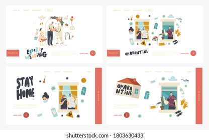 Characters Stay Home During Coronavirus Pandemic, Senior People Wedding Landing Page Template Set. Neighbors in Apartments Communicate through Windows, Ages Marriage. Linear People Vector Illustration