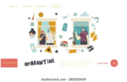 Characters Stay Home During Coronavirus Pandemic Isolation Landing Page Template. Neighbors in Apartments Communicate through Windows Spend Time at House, Relaxing. Linear People Vector Illustration