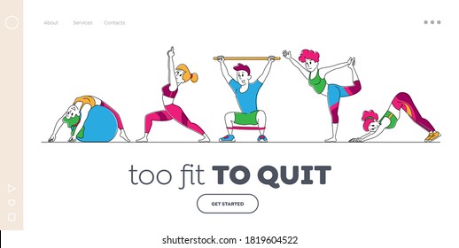 Characters Stretching at Home or Gym Landing Page Template. People Yoga and Sport Activity, Sports Exercises, Fitness Workout Poses with Equipment, Healthy Lifestyle. Linear Vector Illustration