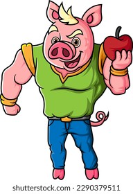 characters a strong pig holding an apple of illustration