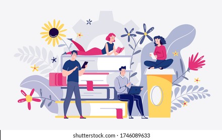 Characters students, freelancers, teachers. Concept online e-learning, self-education, remote work, earning. Library, e-book, e-textbook reading, book archive. Vector. Illustration. Cartoon flat.