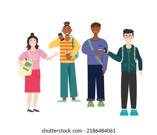 Characters of students on a white background. Vector illustration. Students go to school and talk. For flyers, covers and brochures, packaging and advertising. 