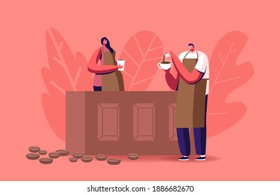 Characters Study in Barista School Brewing Coffee at Bar Desk Concept. Young Man and Woman in Waiter or Bartender Apron Pouring Hot Drink from Cezve to Cup in Cafe. Cartoon People Vector Illustration