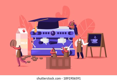 Characters Study in Barista School, Coffee Brewing Concept. Tiny Barista in Aprons at Huge Coffee Machine Learn Cook Delicious Cappuccino Espresso Americano Drinks. Cartoon People Vector Illustration