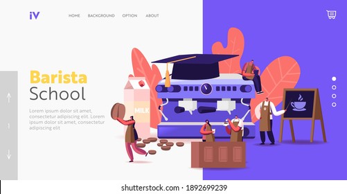 Characters Study in Barista School, Coffee Brewing Landing Page Template. Tiny Barista in Aprons at Huge Coffee Machine Cook Cappuccino, Espresso, Americano Drinks. Cartoon People Vector Illustration