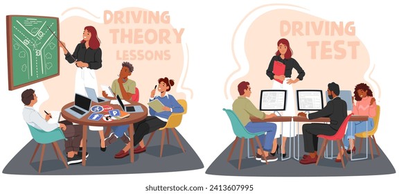 Characters Study Traffic Rules And Driving Techniques In Driving School, Aiming To Grasp Theoretical Knowledge, Passing Tests, Ensuring Safe Transition To Practical Driving Skills. Vector Illustration