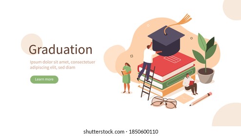 Characters Studying, Learning and Graduating. Student taking Graduation Hat from Book Stacks. End of the School, College or University Concept. Flat Cartoon Vector Illustration.