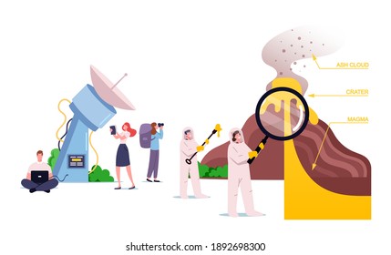 Characters Studying Volcano Eruption. Scientists Stand at Volcano Cross Section Erupting Lava and Gas into Atmosphere with Names of Parts Magma, Crater, Ash Cloud. Cartoon People Vector Illustration