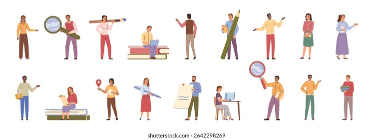 Characters studying and working. Vector in flat style, isolated men and women doing projects on laptop, professional research and analysis. Painter and creative industry employee, teacher and student