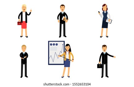 Characters Of Successful Businessmen And Businesswomen In Daily Work Vector Illustration Set Isolated On White Background
