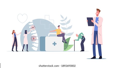 Characters Suffer of Backache or Lumbago Concept. Unhealthy Young and Old People Visiting Doctor for Sore Spine Inflammation and Back Pain Treatment, Health Care, Medicine. Cartoon Vector Illustration